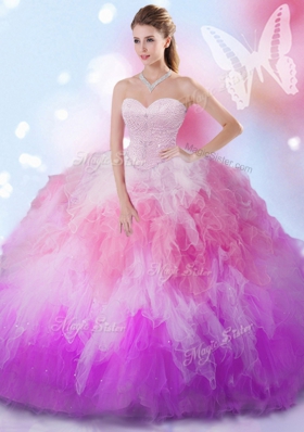 Sexy Sweetheart Sleeveless 15 Quinceanera Dress Floor Length Beading and Ruffles Multi-color Tulle