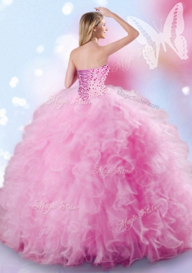 Sleeveless Floor Length Beading and Ruffles Lace Up 15 Quinceanera Dress with Rose Pink