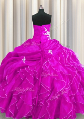Smart Fuchsia Ball Gowns Sweetheart Sleeveless Organza Floor Length Lace Up Beading and Appliques and Ruffles Ball Gown Prom Dress