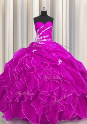 Smart Fuchsia Ball Gowns Sweetheart Sleeveless Organza Floor Length Lace Up Beading and Appliques and Ruffles Ball Gown Prom Dress
