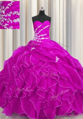 Smart Fuchsia Ball Gowns Sweetheart Sleeveless Organza Floor Length Lace Up Beading and Appliques and Ruffles Ball Gown Prom Dress