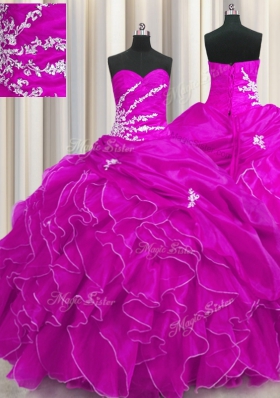 Smart Fuchsia Ball Gowns Sweetheart Sleeveless Organza Floor Length Lace Up Beading and Appliques and Ruffles Ball Gown Prom Dress