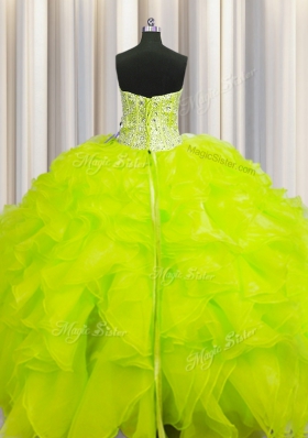 Smart Visible Boning Beaded Bodice Yellow Organza Lace Up Sweetheart Sleeveless Floor Length Quinceanera Dresses Beading and Ruffles