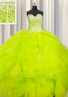 Smart Visible Boning Beaded Bodice Yellow Organza Lace Up Sweetheart Sleeveless Floor Length Quinceanera Dresses Beading and Ruffles