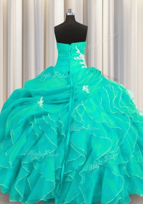 Sophisticated Sleeveless Floor Length Beading and Appliques and Ruffles Lace Up Sweet 16 Quinceanera Dress with Turquoise
