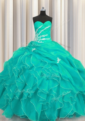 Sophisticated Sleeveless Floor Length Beading and Appliques and Ruffles Lace Up Sweet 16 Quinceanera Dress with Turquoise