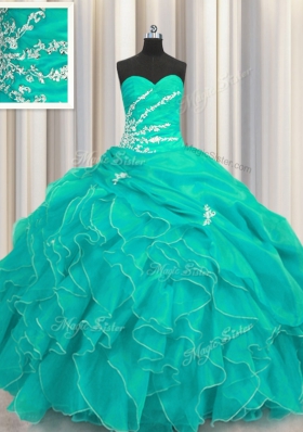 Sophisticated Sleeveless Floor Length Beading and Appliques and Ruffles Lace Up Sweet 16 Quinceanera Dress with Turquoise