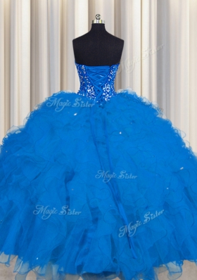 Stunning Visible Boning Blue Sleeveless Floor Length Beading and Ruffles and Sequins Lace Up Quinceanera Dresses