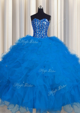 Stunning Visible Boning Blue Sleeveless Floor Length Beading and Ruffles and Sequins Lace Up Quinceanera Dresses