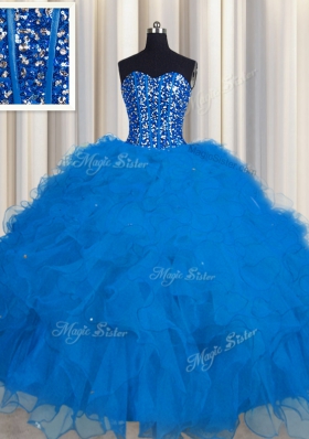 Stunning Visible Boning Blue Sleeveless Floor Length Beading and Ruffles and Sequins Lace Up Quinceanera Dresses