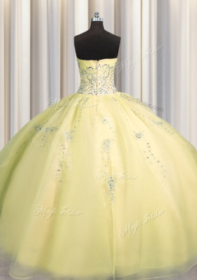 Suitable Really Puffy Floor Length Zipper 15th Birthday Dress Light Yellow and In for Military Ball and Sweet 16 and Quinceanera with Beading and Appliques