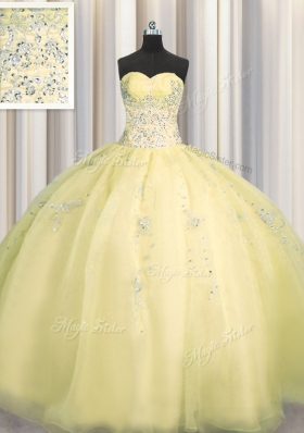 Suitable Really Puffy Floor Length Zipper 15th Birthday Dress Light Yellow and In for Military Ball and Sweet 16 and Quinceanera with Beading and Appliques