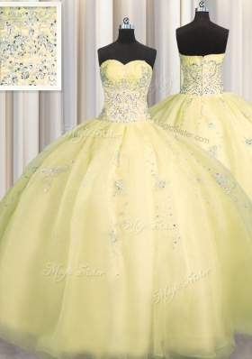 Suitable Really Puffy Floor Length Zipper 15th Birthday Dress Light Yellow and In for Military Ball and Sweet 16 and Quinceanera with Beading and Appliques
