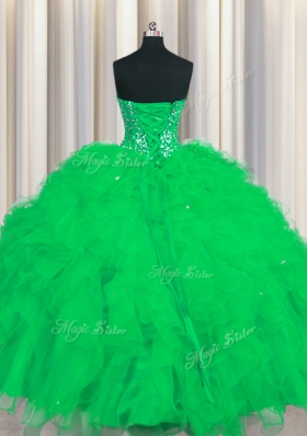 Superior Visible Boning Green Lace Up Sweetheart Beading and Ruffles and Sequins 15th Birthday Dress Tulle Sleeveless