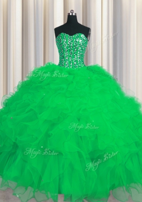 Superior Visible Boning Green Lace Up Sweetheart Beading and Ruffles and Sequins 15th Birthday Dress Tulle Sleeveless