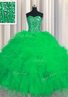 Superior Visible Boning Green Lace Up Sweetheart Beading and Ruffles and Sequins 15th Birthday Dress Tulle Sleeveless