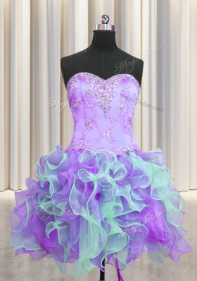 Three Piece Multi-color Organza Lace Up Ball Gown Prom Dress Sleeveless Floor Length Beading and Appliques