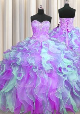 Three Piece Multi-color Organza Lace Up Ball Gown Prom Dress Sleeveless Floor Length Beading and Appliques