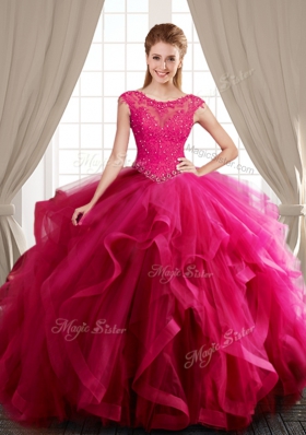 Three Piece Scoop Hot Pink Cap Sleeves Brush Train Beading and Appliques and Ruffles With Train Quince Ball Gowns