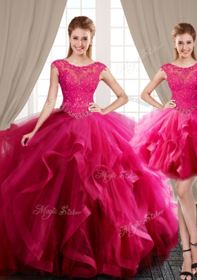 Three Piece Scoop Hot Pink Cap Sleeves Brush Train Beading and Appliques and Ruffles With Train Quince Ball Gowns