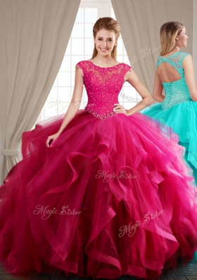 Traditional Scoop Cap Sleeves With Train Beading and Appliques and Ruffles Lace Up Quinceanera Gown with Hot Pink Brush Train