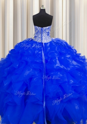 Visible Boning Beaded Bodice Floor Length Royal Blue 15th Birthday Dress Organza Sleeveless Beading and Ruffles