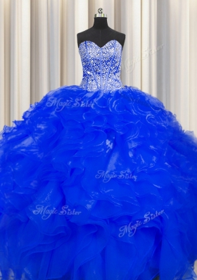 Visible Boning Beaded Bodice Floor Length Royal Blue 15th Birthday Dress Organza Sleeveless Beading and Ruffles