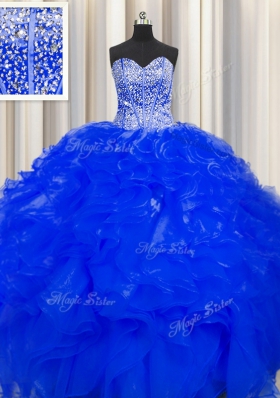 Visible Boning Beaded Bodice Floor Length Royal Blue 15th Birthday Dress Organza Sleeveless Beading and Ruffles