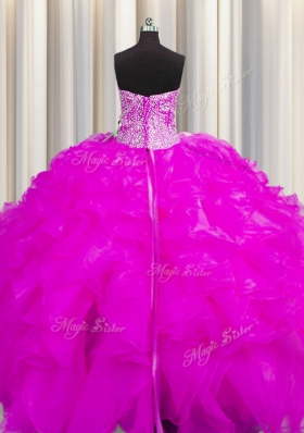 Visible Boning Beaded Bodice Fuchsia Lace Up Sweetheart Beading and Ruffles Quinceanera Dresses Organza Sleeveless