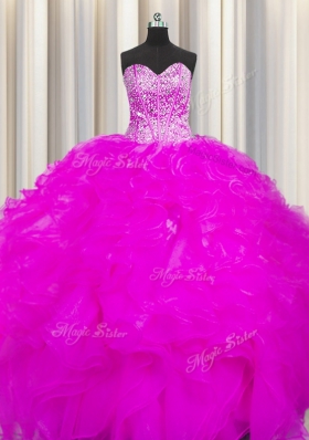 Visible Boning Beaded Bodice Fuchsia Lace Up Sweetheart Beading and Ruffles Quinceanera Dresses Organza Sleeveless