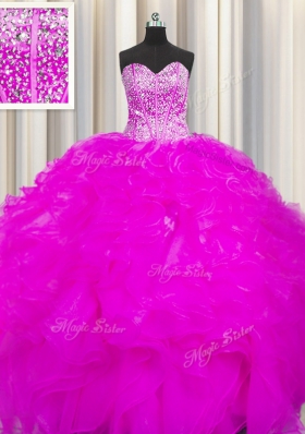 Visible Boning Beaded Bodice Fuchsia Lace Up Sweetheart Beading and Ruffles Quinceanera Dresses Organza Sleeveless