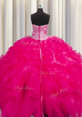 Visible Boning Beaded Bodice Hot Pink Ball Gowns Sweetheart Sleeveless Organza Floor Length Lace Up Beading and Ruffles Quinceanera Dress