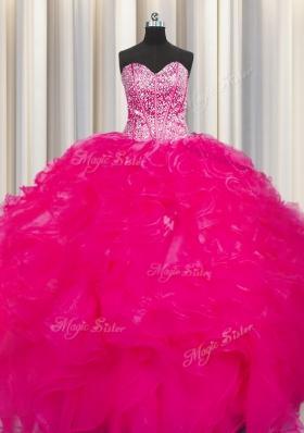 Visible Boning Beaded Bodice Hot Pink Ball Gowns Sweetheart Sleeveless Organza Floor Length Lace Up Beading and Ruffles Quinceanera Dress