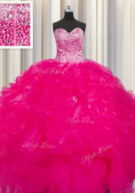 Visible Boning Beaded Bodice Hot Pink Ball Gowns Sweetheart Sleeveless Organza Floor Length Lace Up Beading and Ruffles Quinceanera Dress