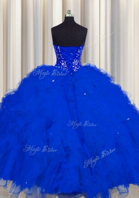 Visible Boning Beading and Ruffles and Sequins Quinceanera Dresses Royal Blue Lace Up Sleeveless Floor Length