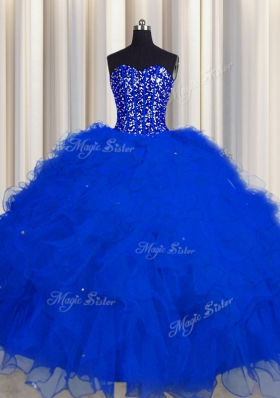 Visible Boning Beading and Ruffles and Sequins Quinceanera Dresses Royal Blue Lace Up Sleeveless Floor Length