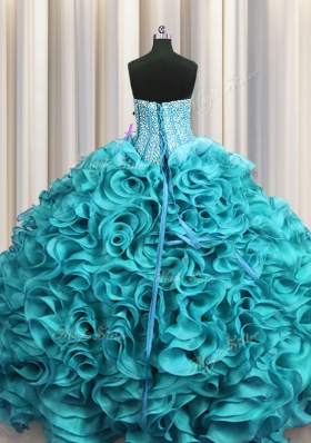 Visible Boning Beading and Ruffles Quinceanera Gowns Aqua Blue Lace Up Sleeveless Floor Length