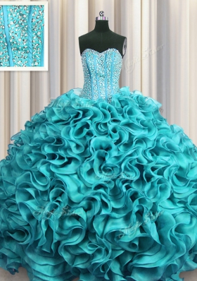 Visible Boning Beading and Ruffles Quinceanera Gowns Aqua Blue Lace Up Sleeveless Floor Length