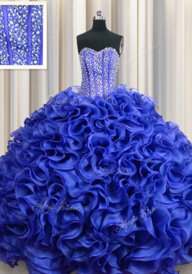 Visible Boning Floor Length Ball Gowns Sleeveless Royal Blue Quince Ball Gowns Lace Up