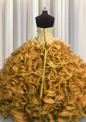 Visible Boning Gold Sleeveless Organza Lace Up Quinceanera Gowns for Military Ball and Sweet 16 and Quinceanera