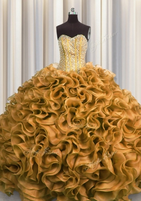 Visible Boning Gold Sleeveless Organza Lace Up Quinceanera Gowns for Military Ball and Sweet 16 and Quinceanera