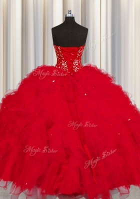 Visible Boning Sweetheart Sleeveless Quinceanera Gowns Floor Length Beading and Ruffles and Sequins Red Tulle