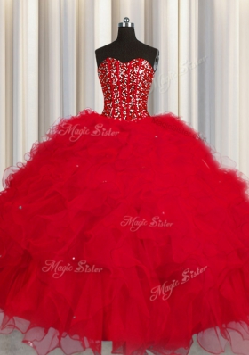 Visible Boning Sweetheart Sleeveless Quinceanera Gowns Floor Length Beading and Ruffles and Sequins Red Tulle