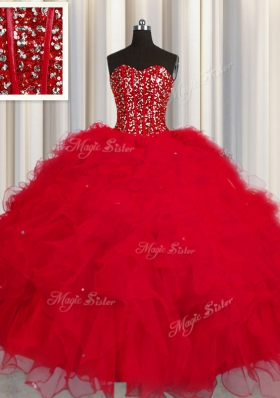 Visible Boning Sweetheart Sleeveless Quinceanera Gowns Floor Length Beading and Ruffles and Sequins Red Tulle