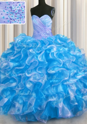 Affordable Floor Length Lace Up Quinceanera Dresses Blue And White and In for Military Ball and Sweet 16 and Quinceanera with Beading and Ruffles