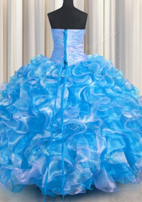 Affordable Floor Length Lace Up Quinceanera Dresses Blue And White and In for Military Ball and Sweet 16 and Quinceanera with Beading and Ruffles