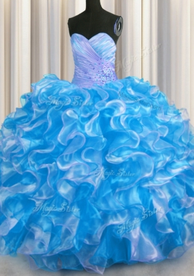 Affordable Floor Length Lace Up Quinceanera Dresses Blue And White and In for Military Ball and Sweet 16 and Quinceanera with Beading and Ruffles