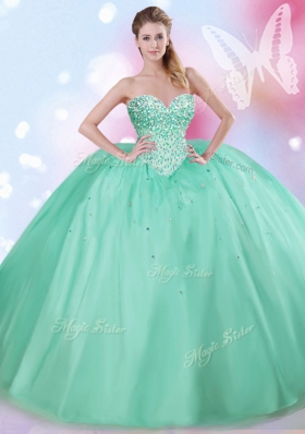 Apple Green Sleeveless Tulle Lace Up Quinceanera Gowns for Military Ball and Sweet 16 and Quinceanera