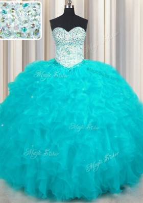 Aqua Blue Sweetheart Neckline Beading and Ruffles 15 Quinceanera Dress Sleeveless Lace Up