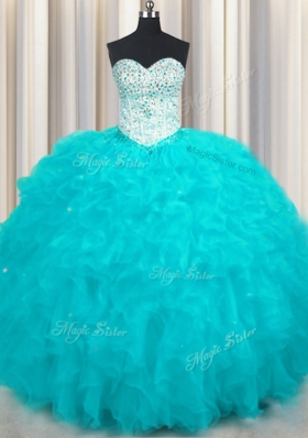 Aqua Blue Sweetheart Neckline Beading and Ruffles 15 Quinceanera Dress Sleeveless Lace Up